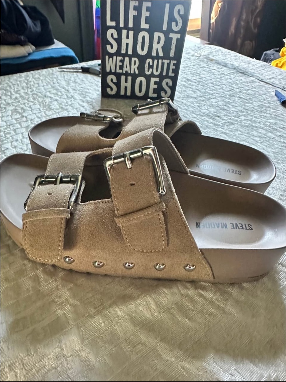 Steve Madden Tan Suede Double-Buckle Slide Sandals